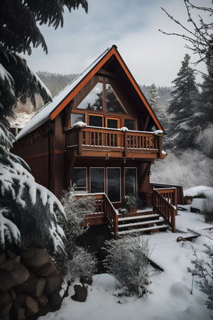 Wooden house in winter forest with snow covered trees and plants.の素材