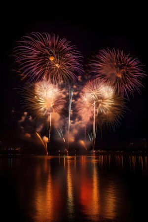 Colorful fireworks of various colors over night sky with reflection on waterの素材