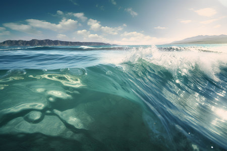 Beautiful seascape with ocean wave on blue sky background.の素材
