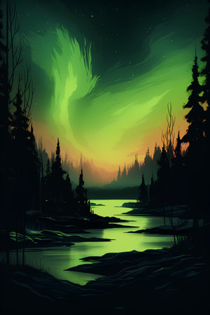 Fantasy forest landscape with lake and aurora borealis, vector illustrationの素材