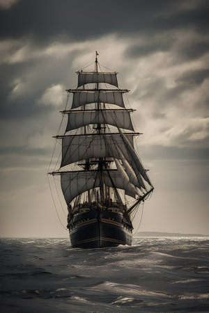 Old sailboat in the sea. Dramatic sky. 3D Renderingの素材