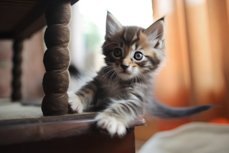 Cute little siberian kitten sitting on a chair at homeの素材