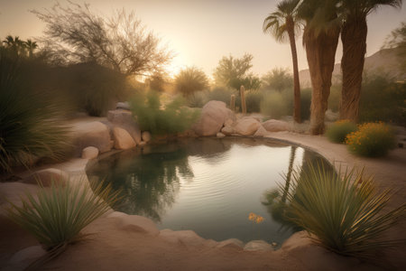 A small pond in the desert with palm trees in the background.の素材