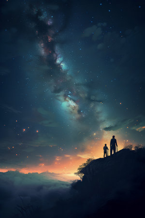 Silhouette of a man and a woman looking at the milky wayの素材
