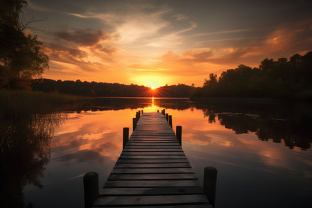 Wooden pier on the lake at sunrise. Beautiful nature background.の素材
