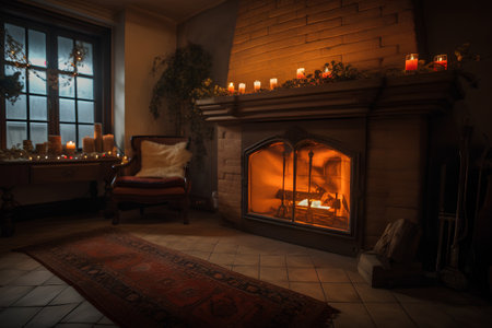 Cozy living room with fireplace, armchair and christmas decorationsの素材