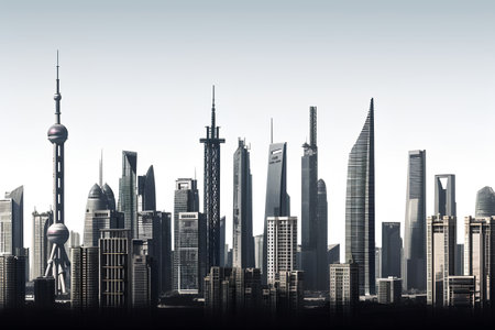 Shanghai skyline with skyscrapers in black and white illustrationの素材