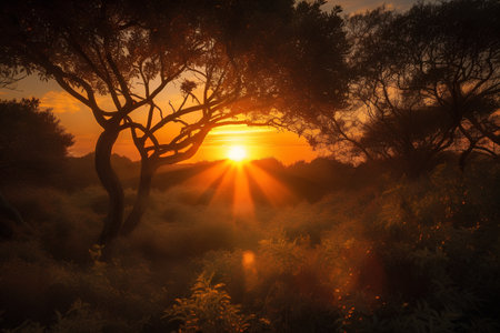 Sunset in the forest with a tree and sunbeams.の素材