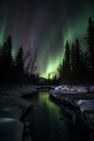 Aurora borealis, northern light over a river in winterの素材