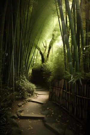 Bamboo forest and path in the morning light, Shanghai, Chinaの素材