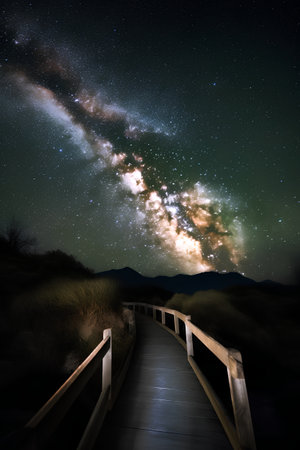 Milky Way over a boardwalk leading to the mountains at nightの素材