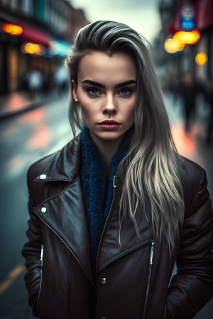 Beautiful young woman in a leather jacket on a city street.の素材