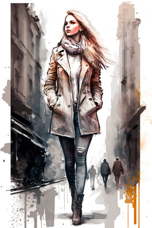 Fashion girl in sketch-style. Hand-drawn illustration.の素材