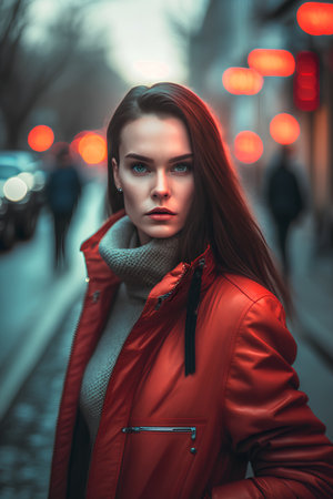 Beautiful young woman in red jacket on the street at night.の素材