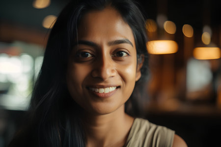 Portrait of a smiling young woman looking at camera in a cafeの素材