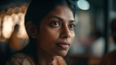 Portrait of a beautiful young indian woman in a cafe.の素材