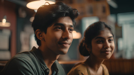 Portrait of young indian man and woman looking at camera in cafeの素材
