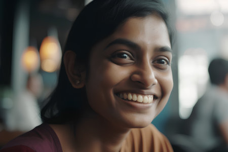 Portrait of a smiling young woman looking at camera in a cafeの素材
