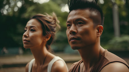 Portrait of young Asian man and woman looking at each other in park.の素材