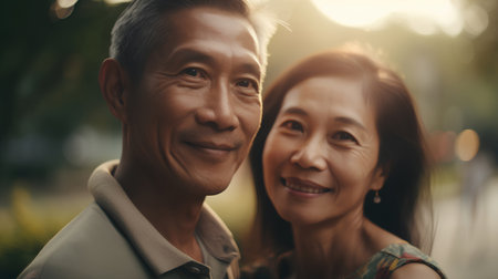 Portrait of happy asian senior couple looking at camera in cityの素材