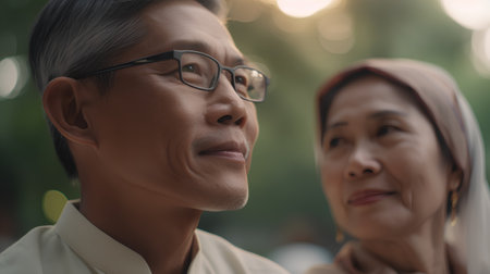 Portrait of senior Asian muslim couple in the city. Selective focus.の素材