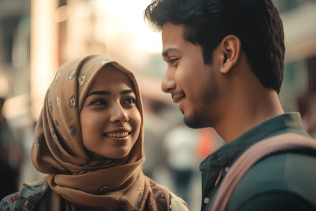 Muslim couple looking at each other and smiling in the city streets.の素材