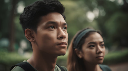 Portrait of young asian man and woman looking at each otherの素材