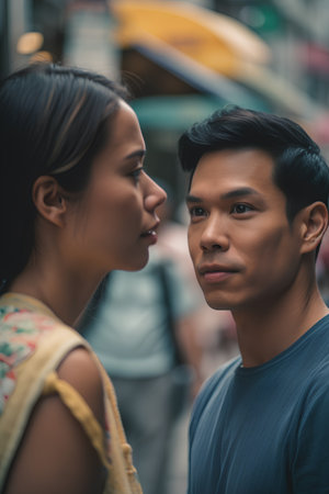Portrait of Asian man and woman looking at each other in the cityの素材
