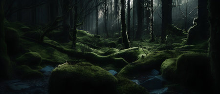 Fantasy dark forest with mossy rocks and trees in the backgroundの素材