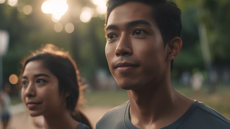 Portrait of young asian man and woman in the park.の素材