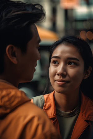 Portrait of young Asian couple smiling and looking at each other in the cityの素材