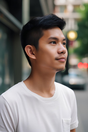 Portrait of a handsome young Asian man in the city. Outdoor portrait.の素材