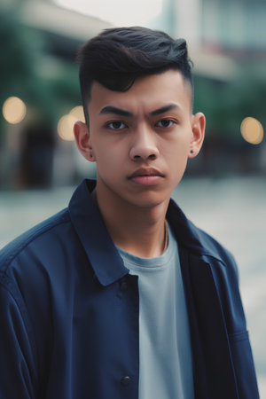 Portrait of young handsome Asian man in the city. Men's fashion.の素材