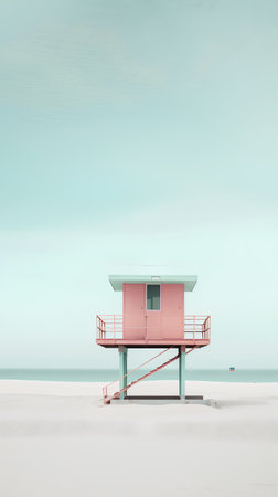 A pink lifeguard hut on the beach. 3D Renderingの素材