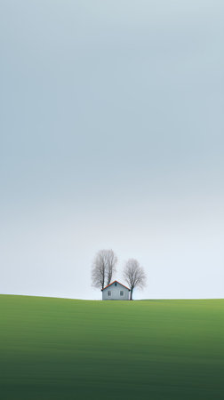 Lonely house on a green field with trees and blue skyの素材