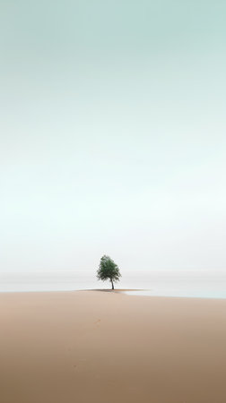 Single tree on the beach in foggy day with copy space.の素材