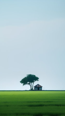Tree and house in the green field with blue sky and white cloudsの素材