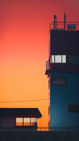 3D render of a modern building against a colorful sunset sky.の素材
