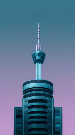 3D rendering of a futuristic skyscraper with a blue sky backgroundの素材
