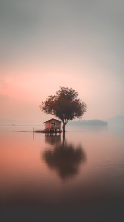 Fisherman's house on the lake at sunrise, Thailand.の素材