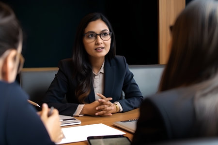 Young businesswoman sitting at table in meeting room and talking to colleaguesの素材