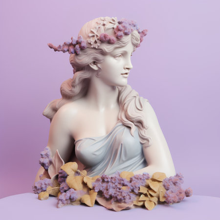 Statue of an ancient Greek goddess with flowers on a purple backgroundの素材