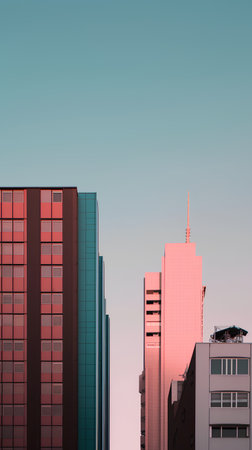 Modern skyscrapers in the city at sunset. 3d renderの素材