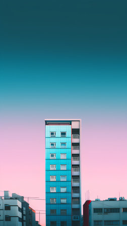 Modern apartment buildings on a background of blue sky in the evening.の素材