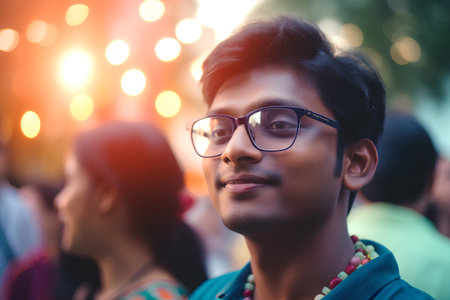 indian young man with glasses on the background of bokehの素材