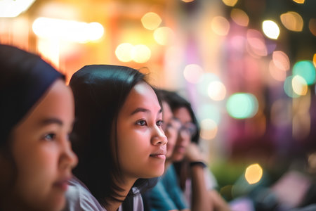 Group of young asian people looking at the camera in the cityの素材