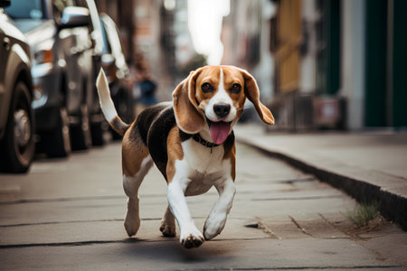 Portrait of a cute beagle dog running on the street.の素材