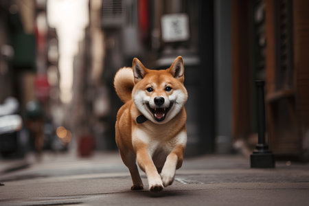 Shiba inu dog running on the street. Japanese dog.の素材