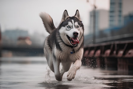 Siberian Husky dog running in the water. Rainy day.の素材