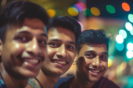 Portrait of a group of friends smiling at the camera at nightの素材